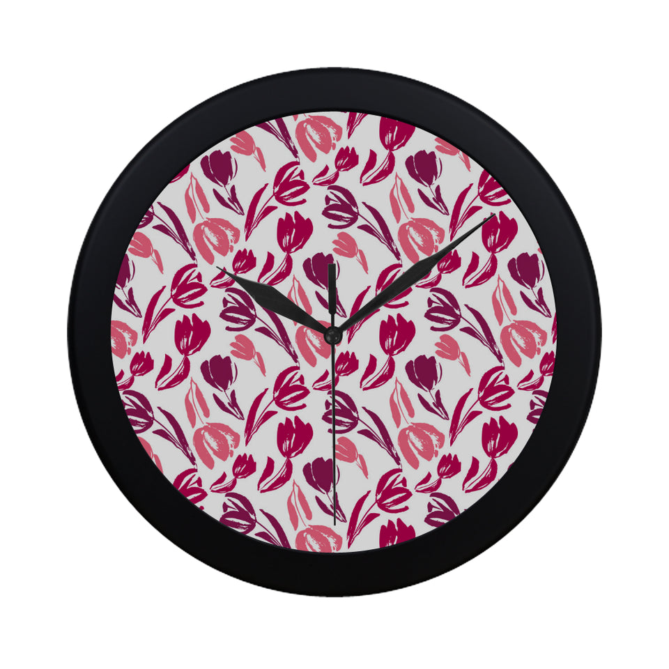 pink sketch tulip pattern Elegant Black Wall Clock