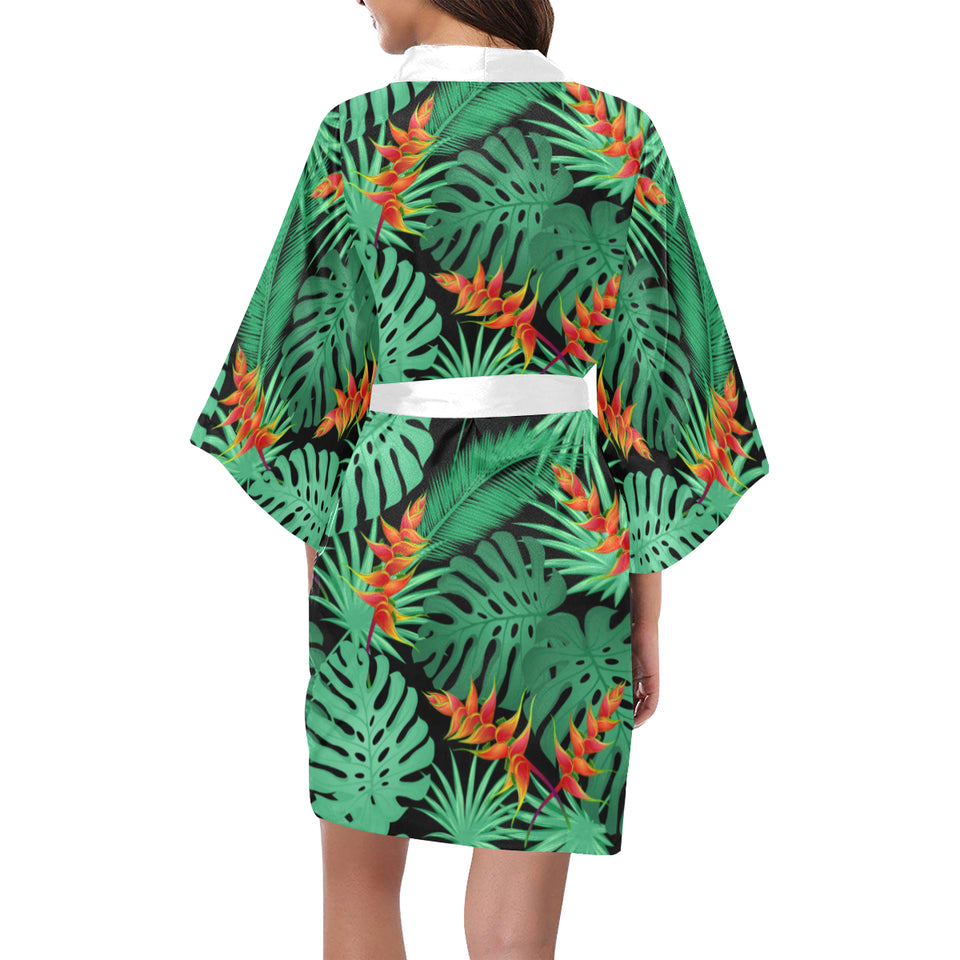 heliconia flower palm monstera leaves black backgr Women's Short Kimono Robe