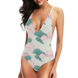 Pink lotus waterlily leaves pattern Women's One-Piece Swimsuit