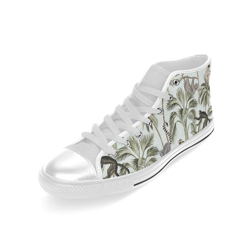 Monkey sloth lemur palm trees pattern Men's High Top Canvas Shoes White