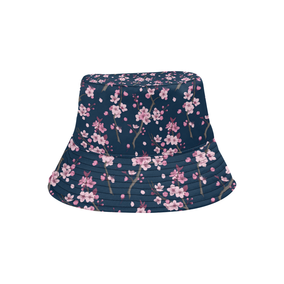 Pink sakura cherry blossom blue background Unisex Bucket Hat