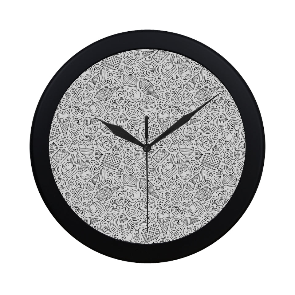 Cartoon hand drawn ice cream black white Elegant Black Wall Clock