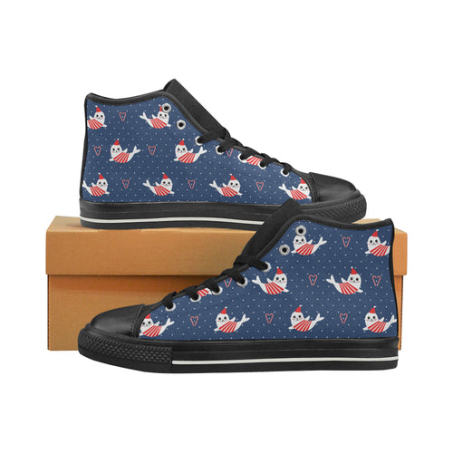 Cute sea lion seal christmas hat candy cane heart Women's High Top Canvas Shoes Black