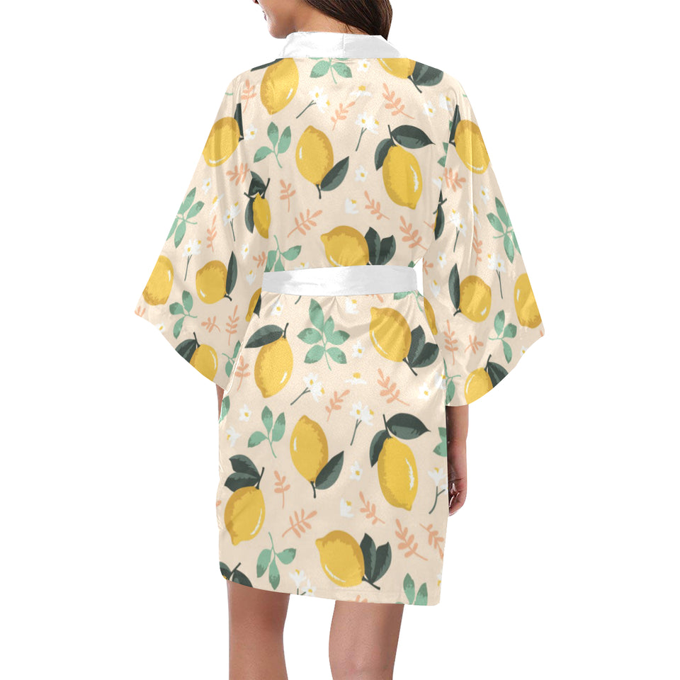 lemon flower leave pattern Women's Short Kimono Robe
