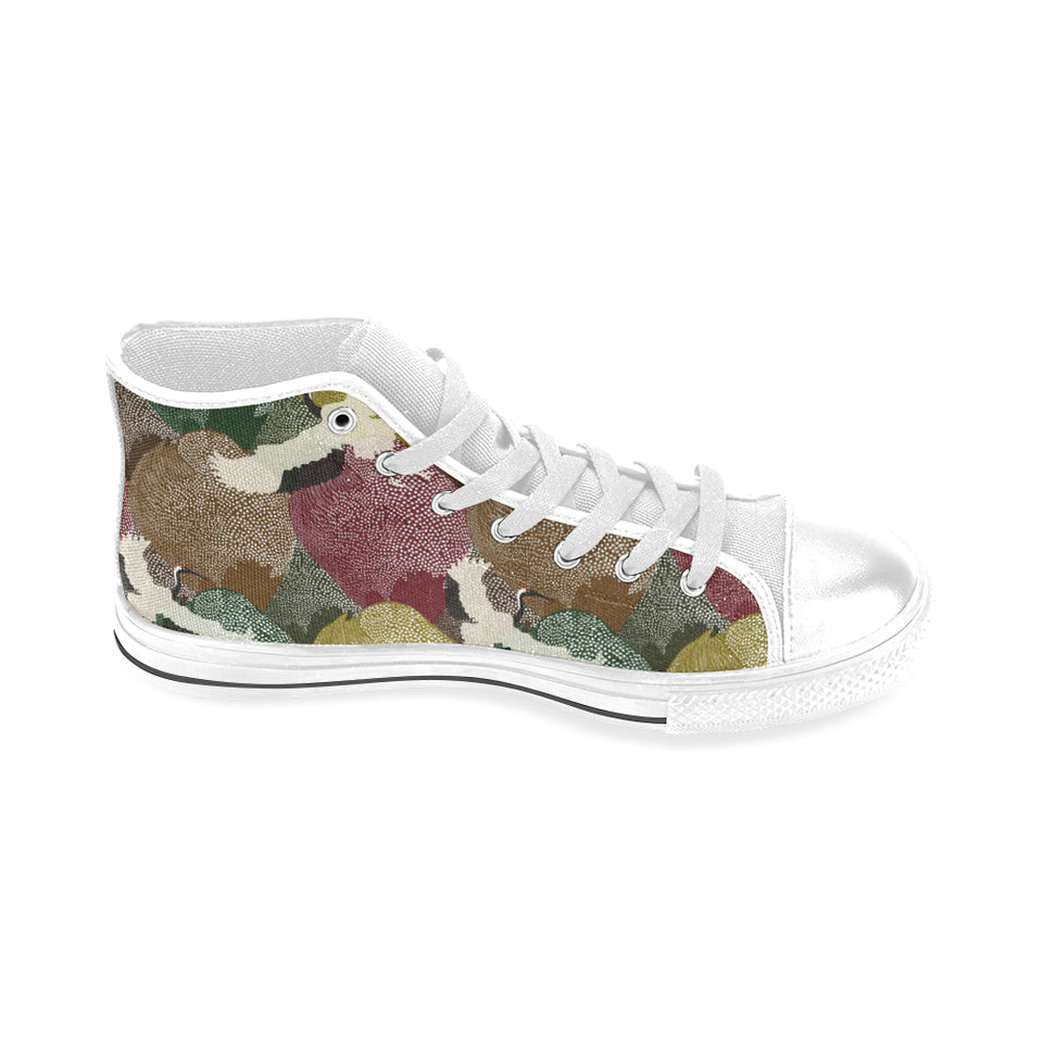Japanese cranes flying forest dot pattern Men's High Top Canvas Shoes White