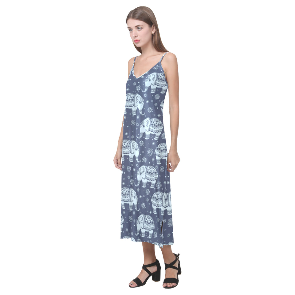Elephant tribal design pattern V-Neck Open Fork Long Dress