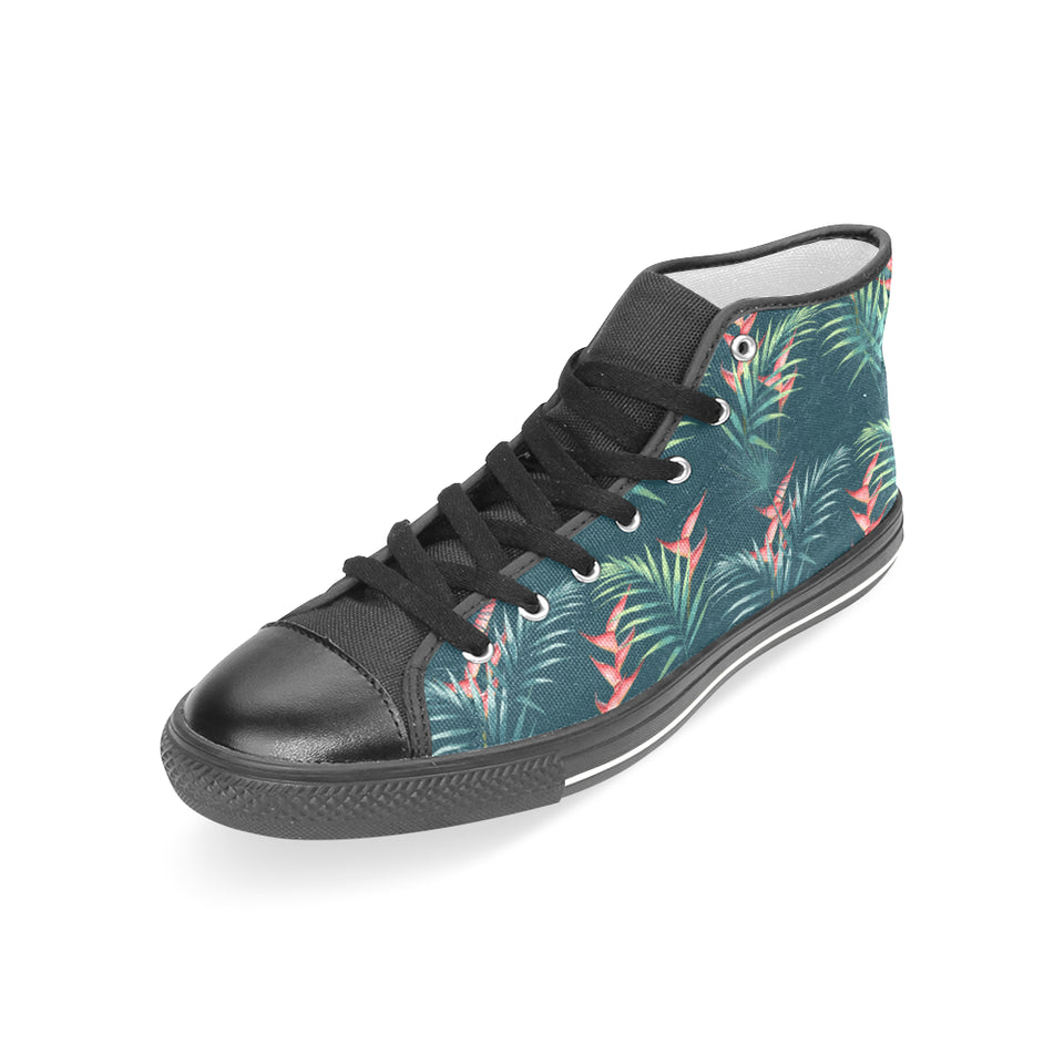 heliconia flowers, palm and monstera leaves on bla Women's High Top Canvas Shoes Black