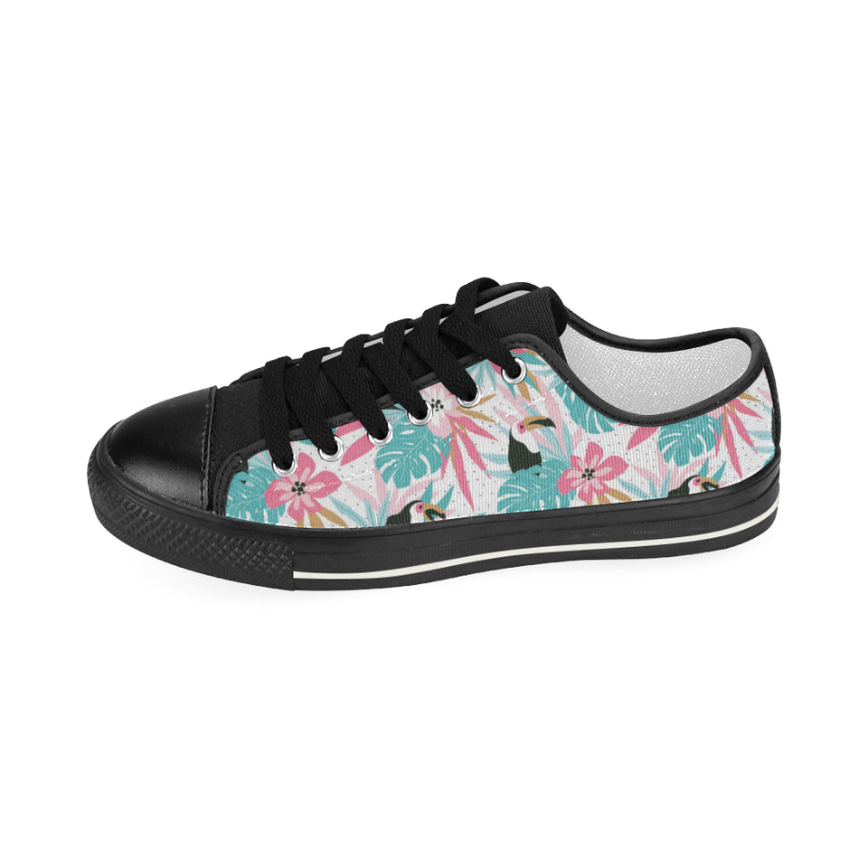 Toucan tropical flower leave pattern Women's Low Top Canvas Shoes Black