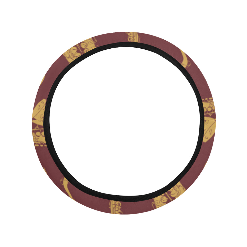 Hand drawn gold saxophone red background Car Steering Wheel Cover