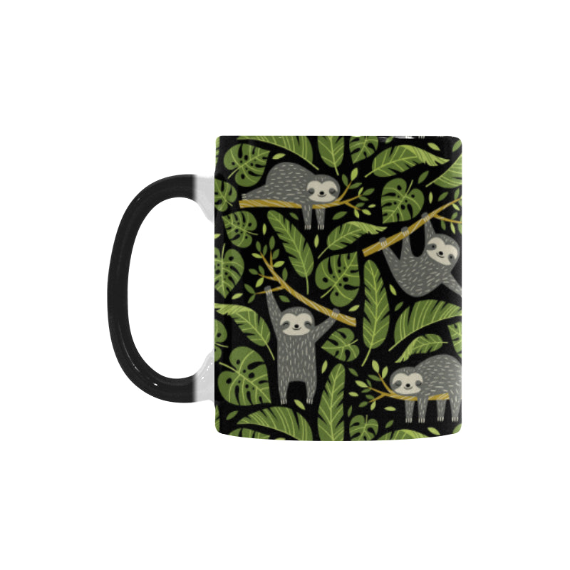 Cute sloths tropical palm leaves black background Morphing Mug Heat Changing Mug