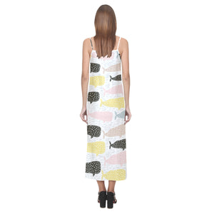 Whale dot pattern V-Neck Open Fork Long Dress