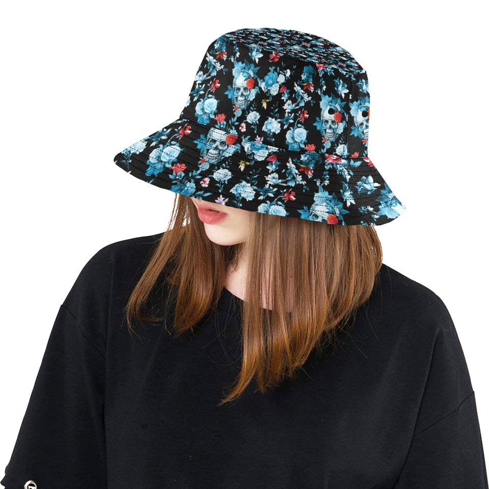 Skull flower roses leave pattern Unisex Bucket Hat