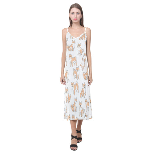 shiba inu dog pattern V-Neck Open Fork Long Dress