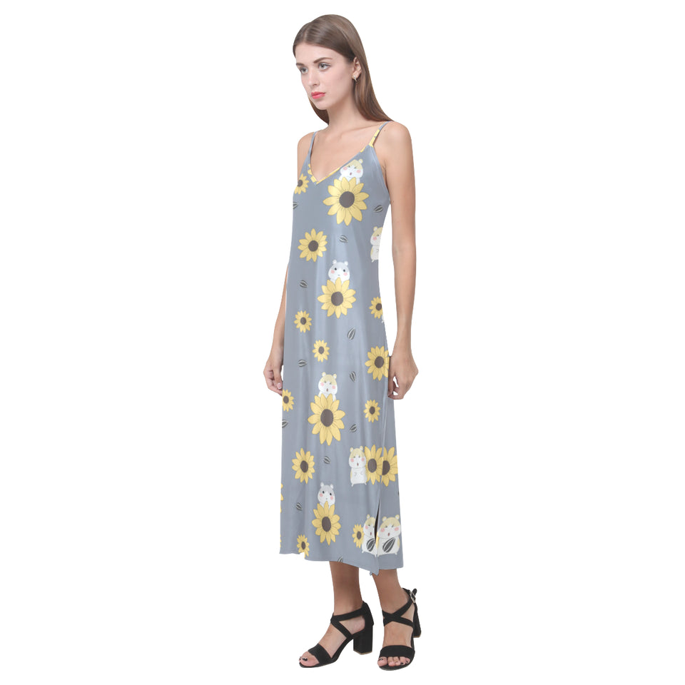 Cute hamster sunflower pattern background V-Neck Open Fork Long Dress