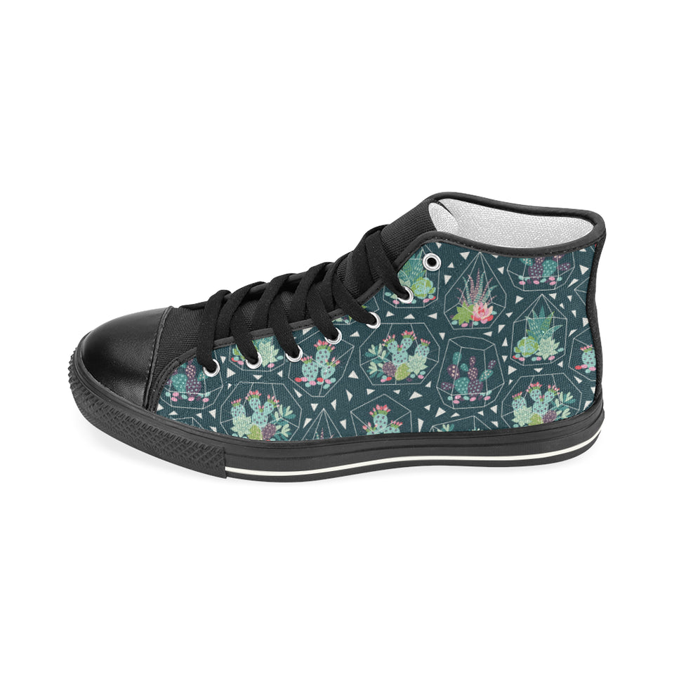 Cactus glass terrarium pattern Women's High Top Canvas Shoes Black
