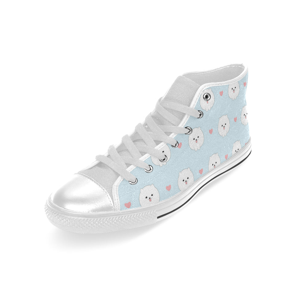 White cute pomeranian pattern Men's High Top Canvas Shoes White