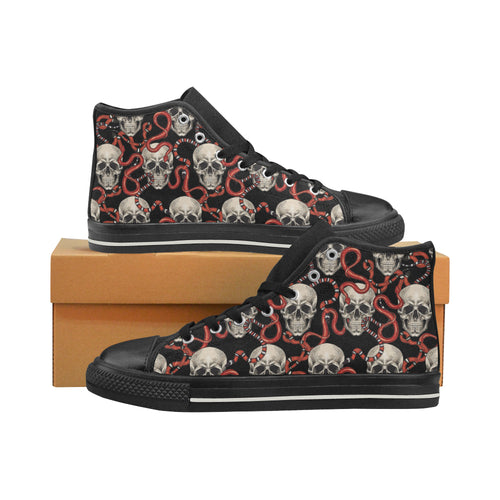 Red snake skull pattern Women's High Top Canvas Shoes Black