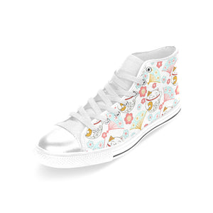 Maneki neko cat fan sakura Women's High Top Canvas Shoes White