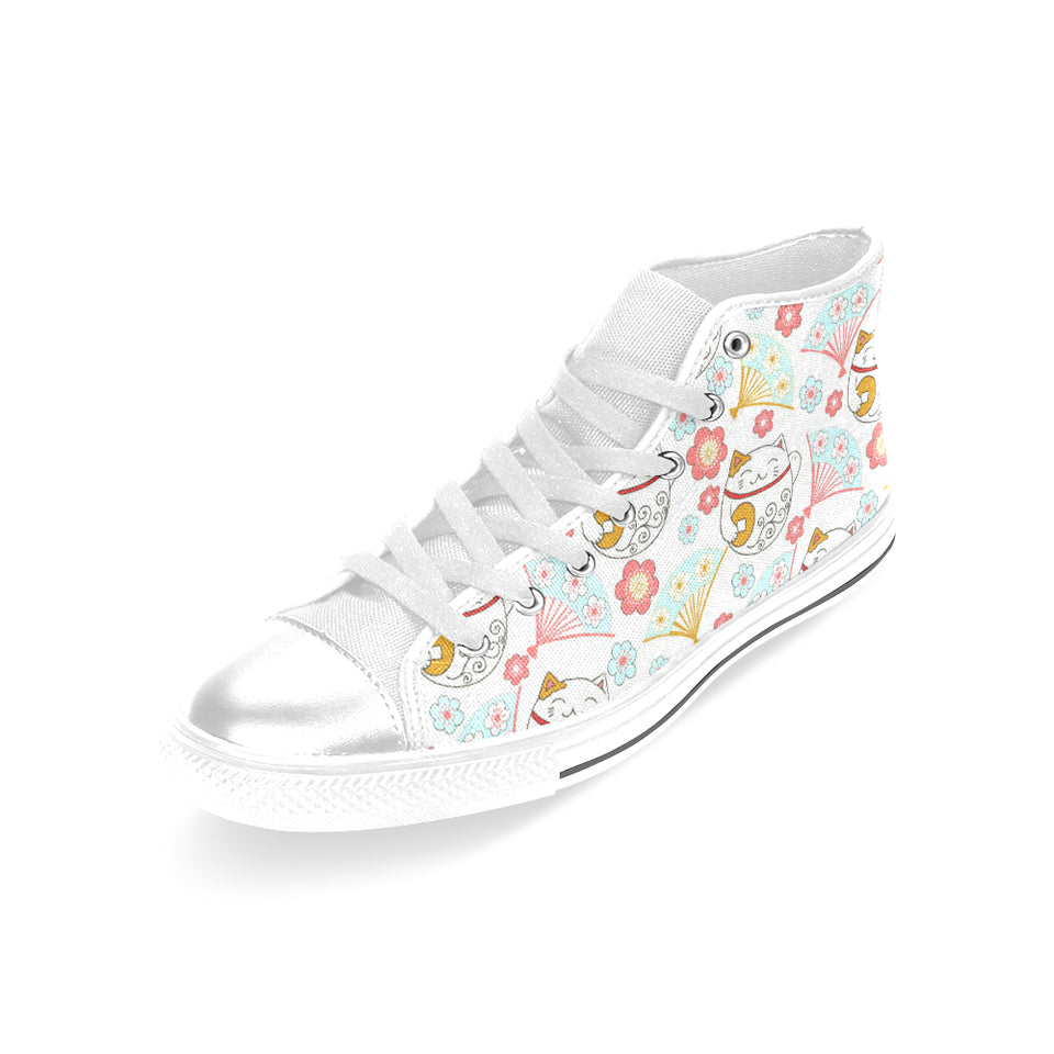 Maneki neko cat fan sakura Women's High Top Canvas Shoes White