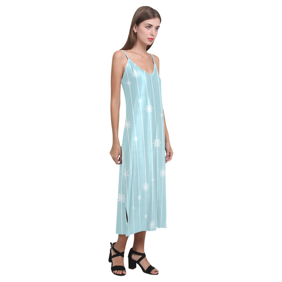 Snowflake pattern blue stripe background V-Neck Open Fork Long Dress