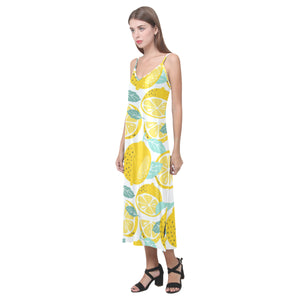 lemon design pattern V-Neck Open Fork Long Dress