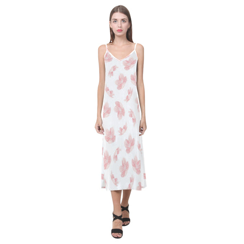 Pink sakura cherry blossom pattern V-Neck Open Fork Long Dress