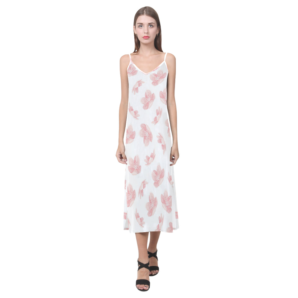 Pink sakura cherry blossom pattern V-Neck Open Fork Long Dress