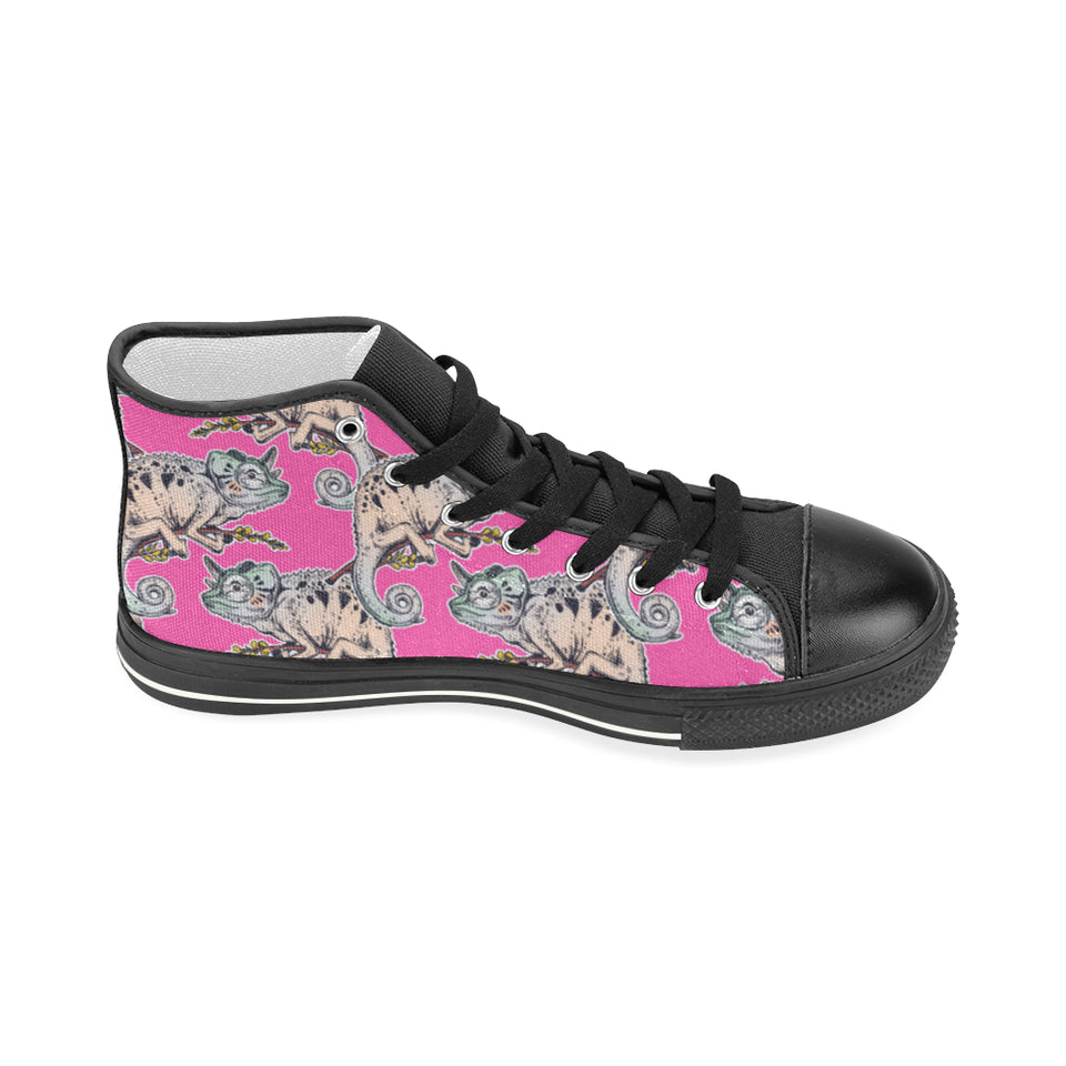 Chameleon lizard pattern pink background Women's High Top Canvas Shoes Black