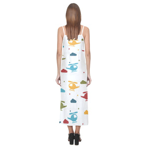 Colorful helicopter pattern V-Neck Open Fork Long Dress