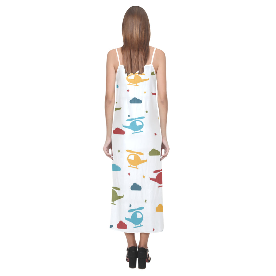 Colorful helicopter pattern V-Neck Open Fork Long Dress