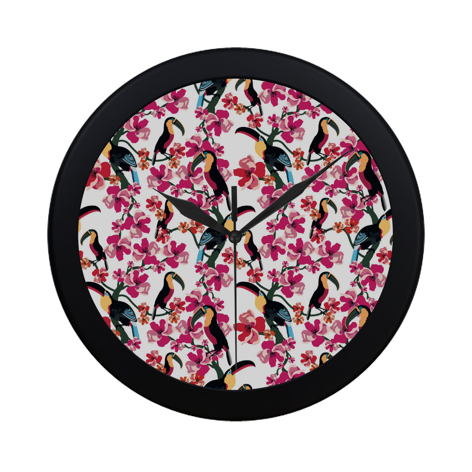Toucan flower design pattern Elegant Black Wall Clock