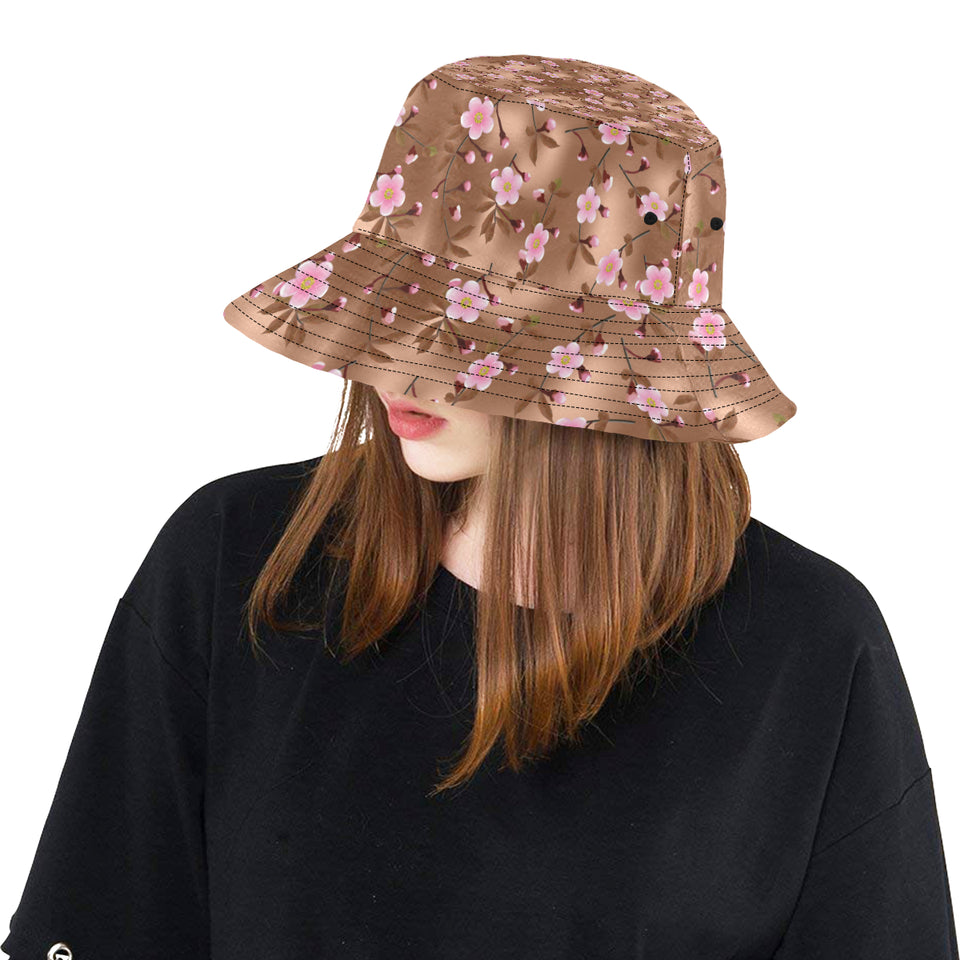 Pink sakura cherry blossom drak brown background Unisex Bucket Hat