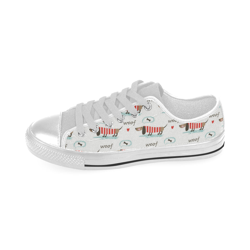 Cute dachshund bone pattern Men's Low Top Canvas Shoes White