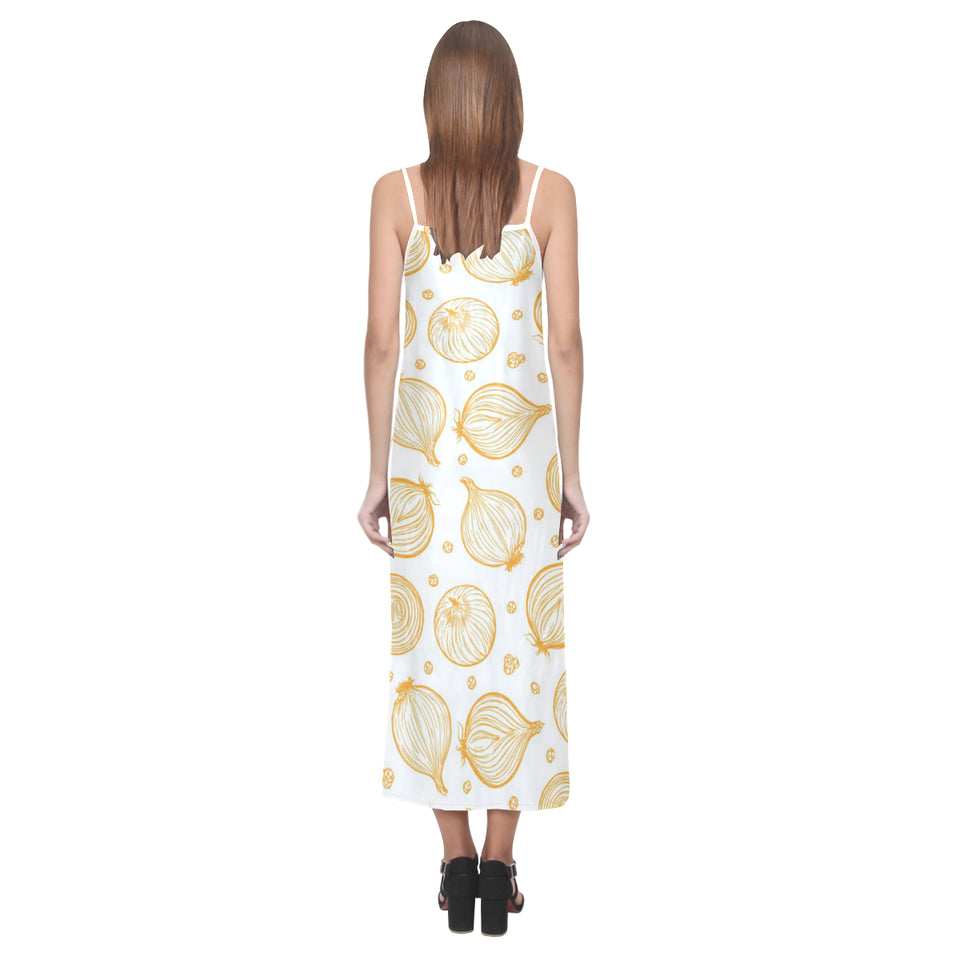 hand drawn onion pattern V-Neck Open Fork Long Dress