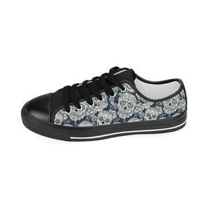 Sugar skull black white pattern Kids' Boys' Girls' Low Top Canvas Shoes Black