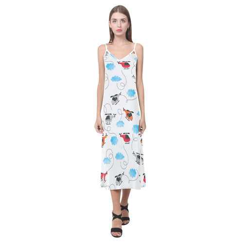 Watercolor helicopter cloud pattern V-Neck Open Fork Long Dress