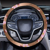 Pink sakura cherry blossom drak brown background Car Steering Wheel Cover