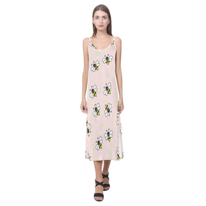 Cute bee flower pattern pink background V-Neck Open Fork Long Dress