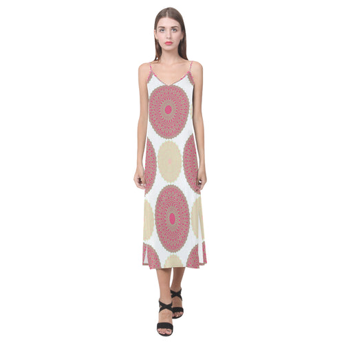 Circle indian pattern V-Neck Open Fork Long Dress