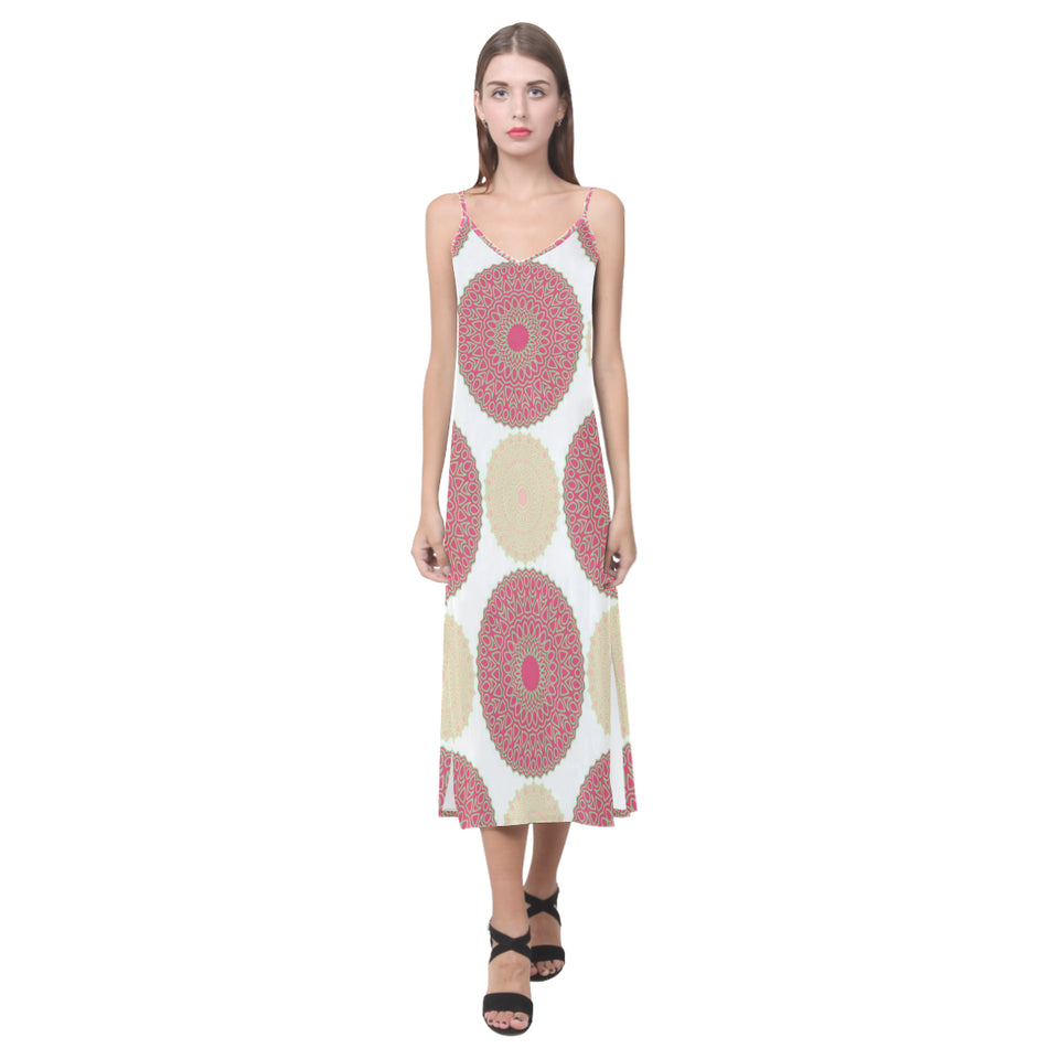 Circle indian pattern V-Neck Open Fork Long Dress