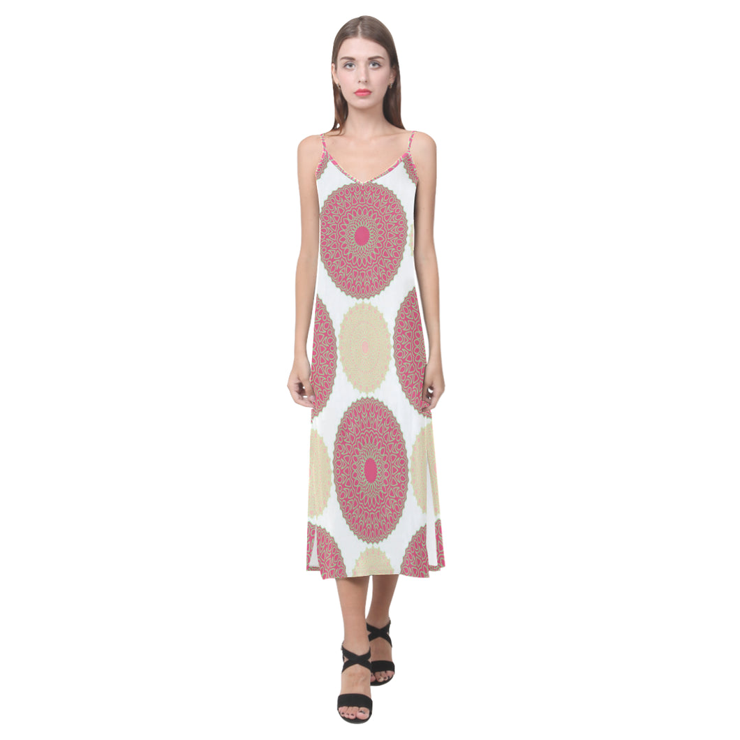 Circle indian pattern V-Neck Open Fork Long Dress