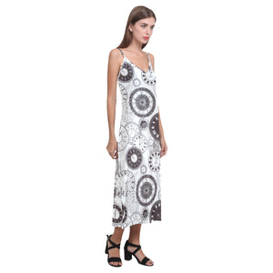 Classic vintage clock pattern V-Neck Open Fork Long Dress