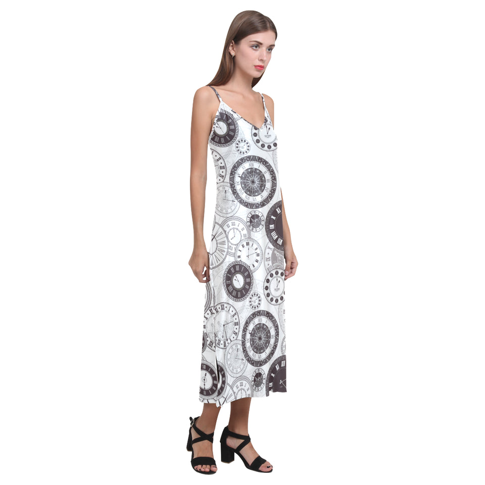 Classic vintage clock pattern V-Neck Open Fork Long Dress