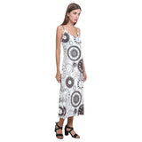 Classic vintage clock pattern V-Neck Open Fork Long Dress