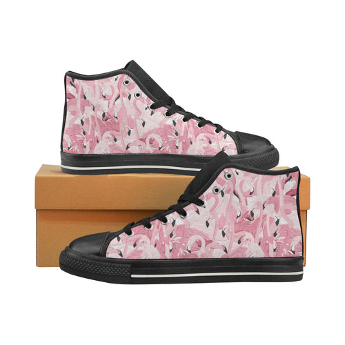 Pink flamingos pattern background Women's High Top Canvas Shoes Black