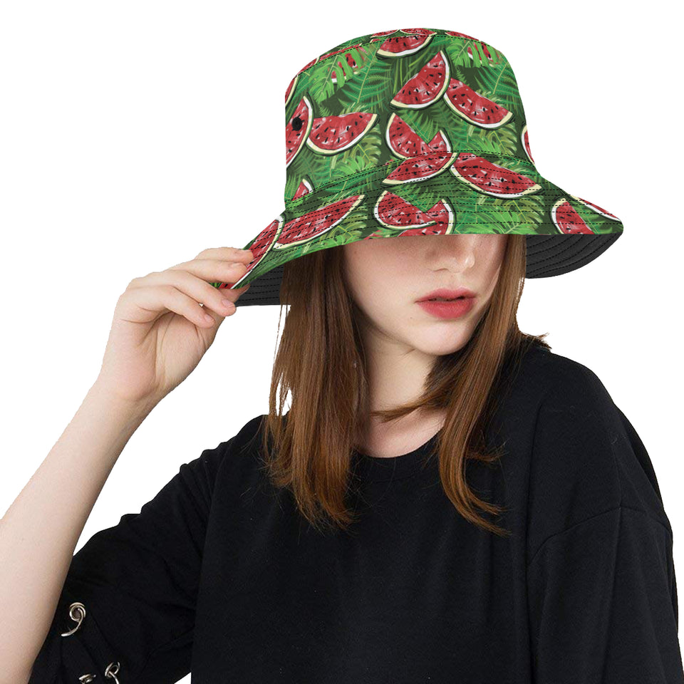 Watermelons tropical palm leaves pattern backgroun Unisex Bucket Hat