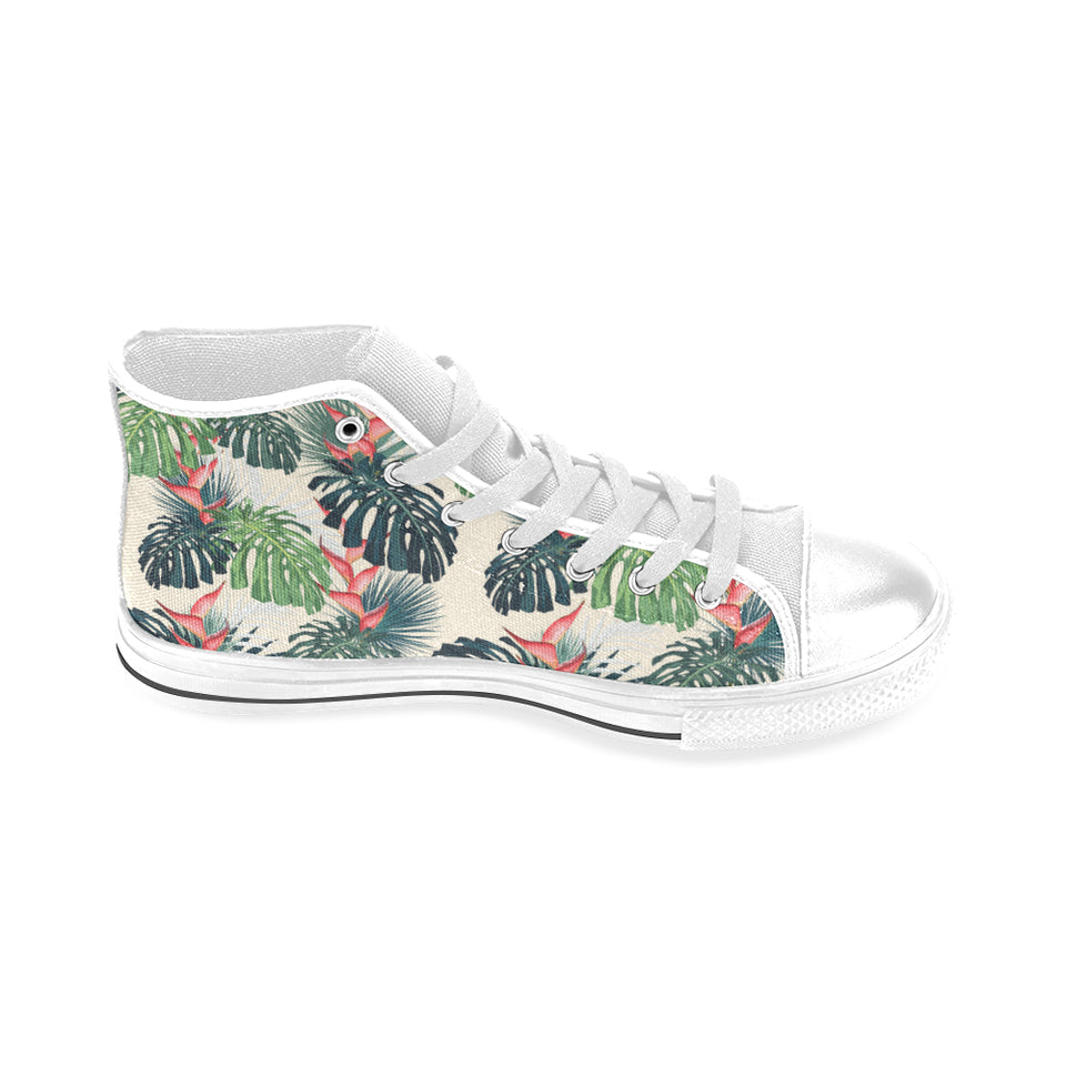 heliconia flowers, palm and monstera leaves Men's High Top Canvas Shoes White