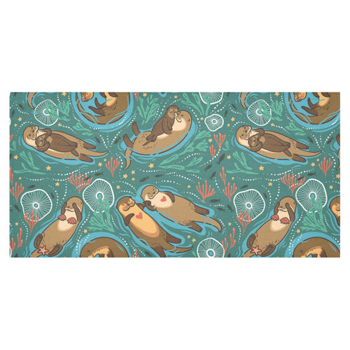 cute brown sea otters ornamental seaweed corals gr Tablecloth