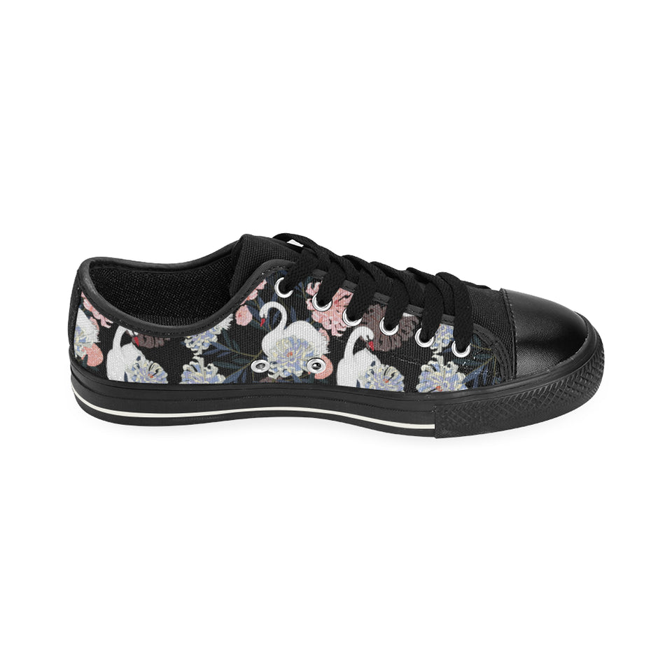 white swan blooming flower pattern Men's Low Top Canvas Shoes Black
