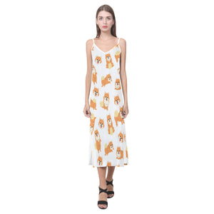 Brown pomeranian pattern V-Neck Open Fork Long Dress